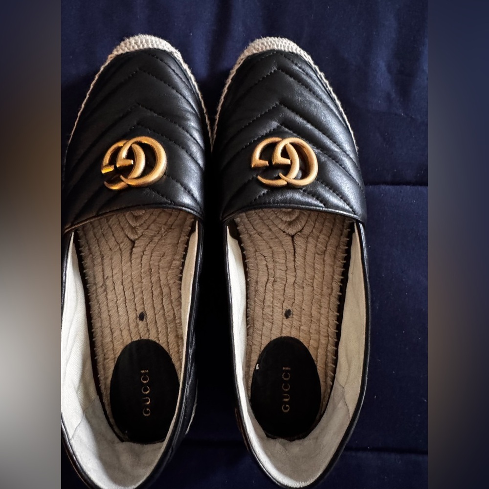 Authentic Gucci 
Women's Black Pilar Ballet Quilted Leather Flatform Espadrilles